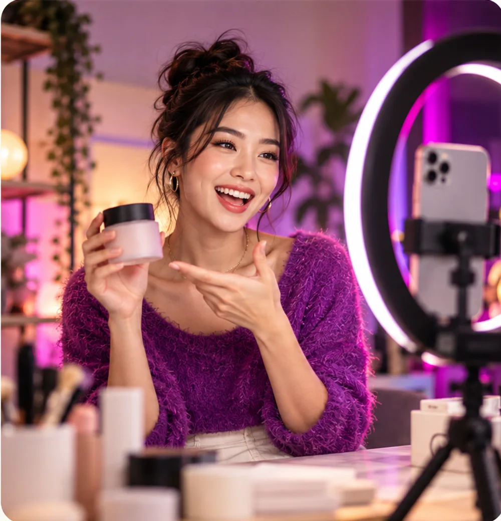 Creator presenting a product on a live stream with a ring light